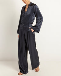 LONG VISCOSE PALAZZO PANTS "SILKY" - NAVY