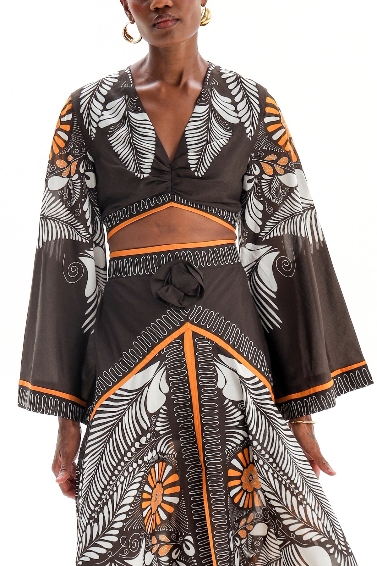 CROPPED BLOUSE "ALTHEA" BLACK/WHITE/ORANGE