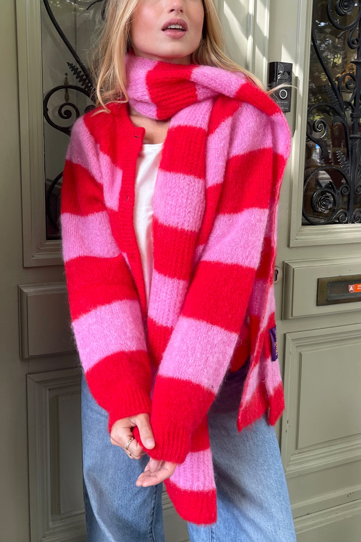 STRIPED MOHAIR KNIT SCARF "ELODIE" PINK/RED