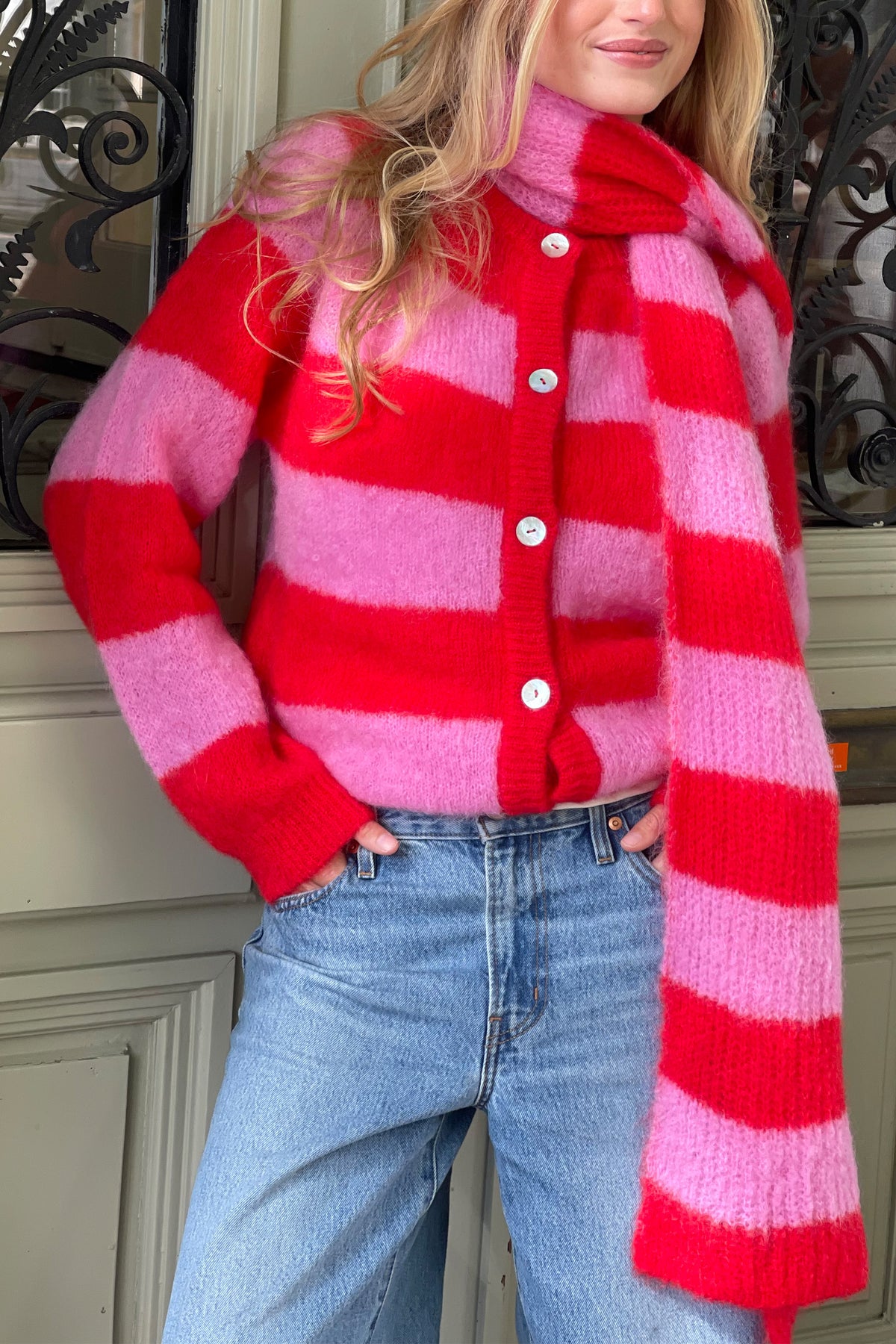 OVERSIZED MOHAIR CARDIGAN „STRIPES“ PINK/RED