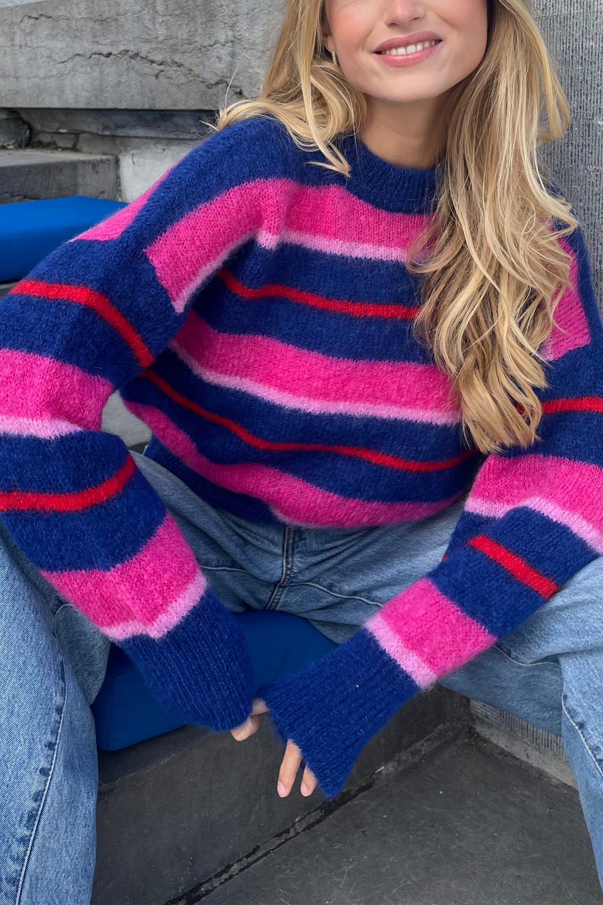 OVERSIZED MOHAIR PULLOVER STRIPES" BLUE/RED/PINK