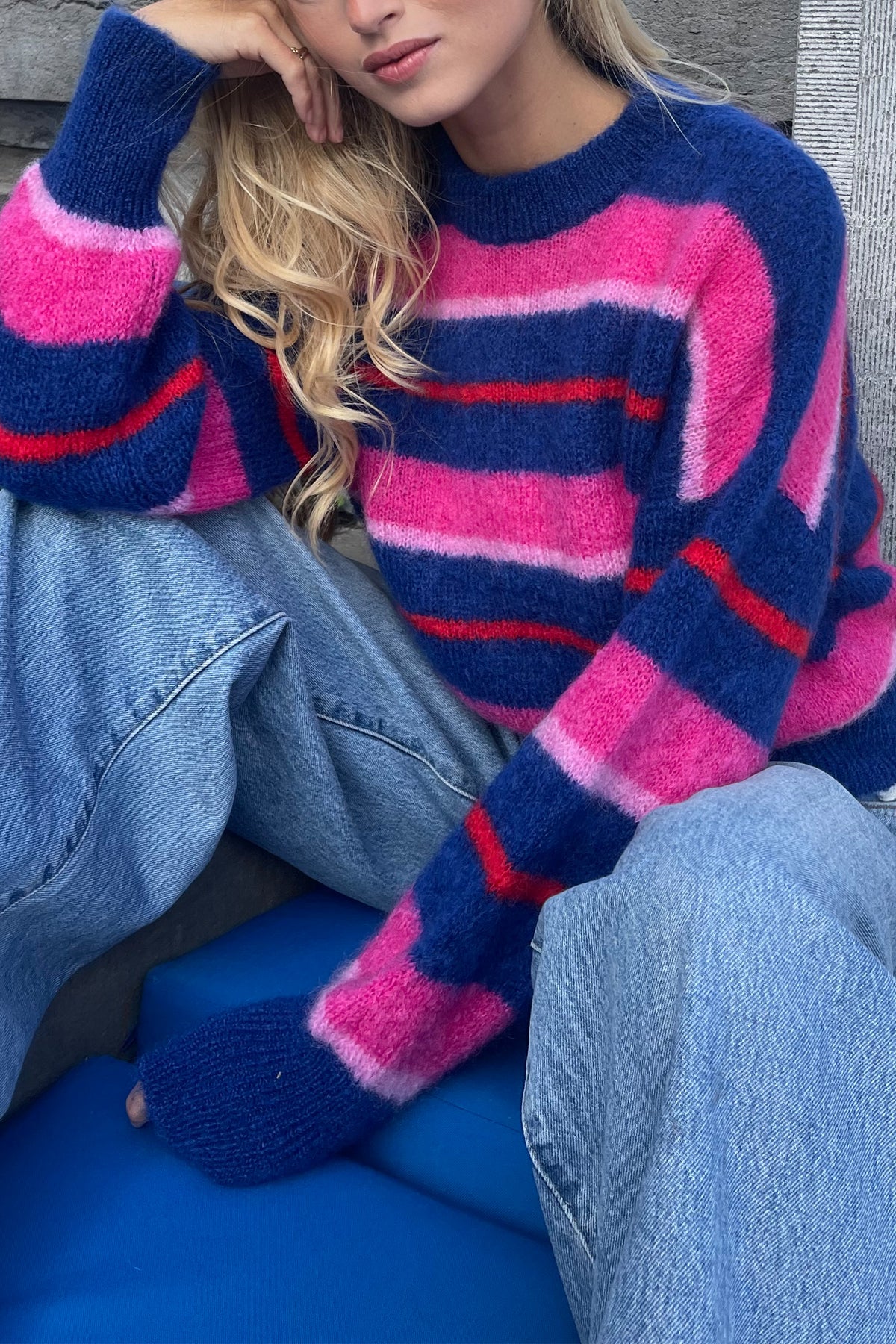 OVERSIZED MOHAIR PULLOVER STRIPES" BLUE/RED/PINK