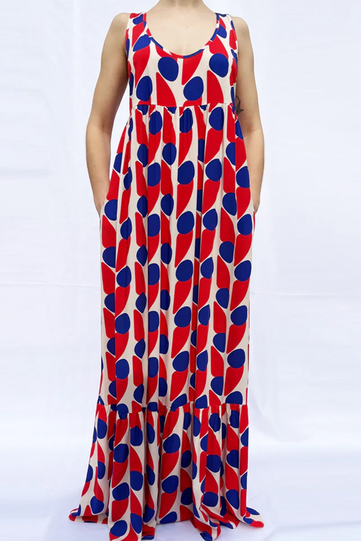 LONG VISCOSE DRESS "TSAROUHI" BLUE/WHITE/RED