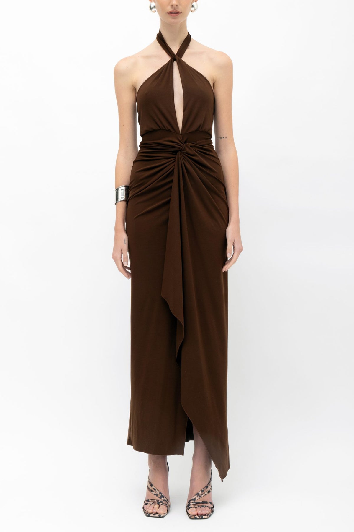 DRAPED NECKHOLDER DRESS "CANELA" CHOCOLATE