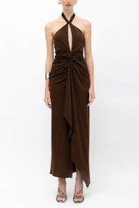 DRAPED NECKHOLDER DRESS "CANELA" CHOCOLATE