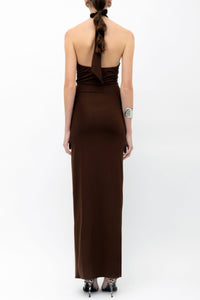 DRAPED NECKHOLDER DRESS "CANELA" CHOCOLATE