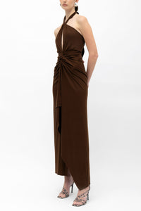 DRAPED NECKHOLDER DRESS "CANELA" CHOCOLATE