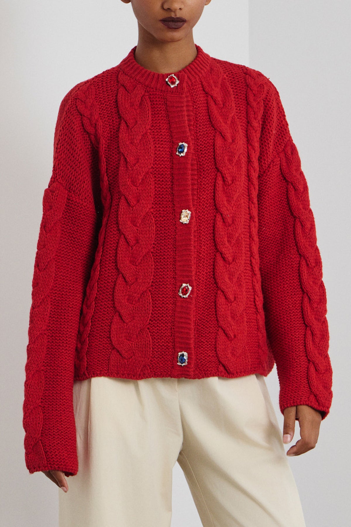 OVERSIZED KNIT CARDIGAN WITH JEWEL BUTTONS RED