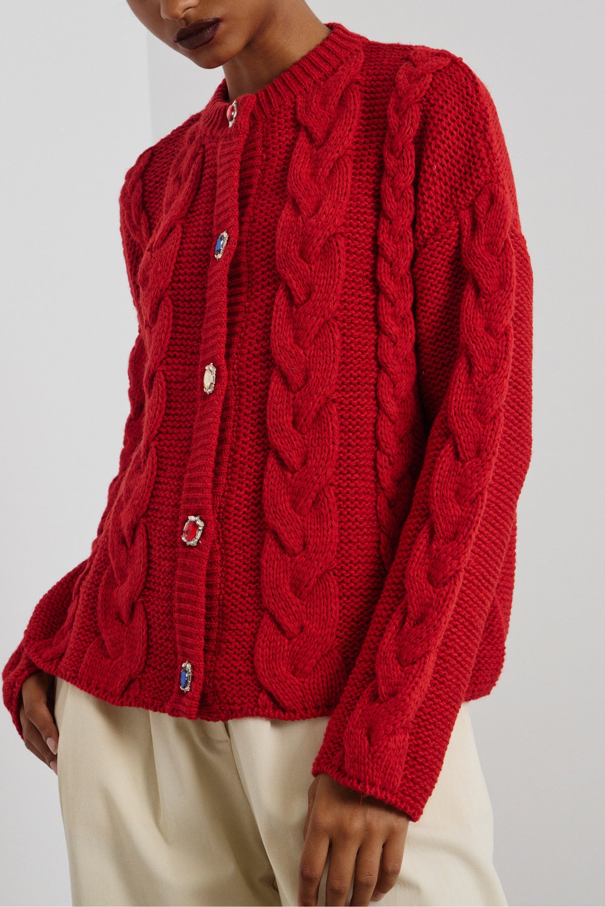 OVERSIZED KNIT CARDIGAN WITH JEWEL BUTTONS RED