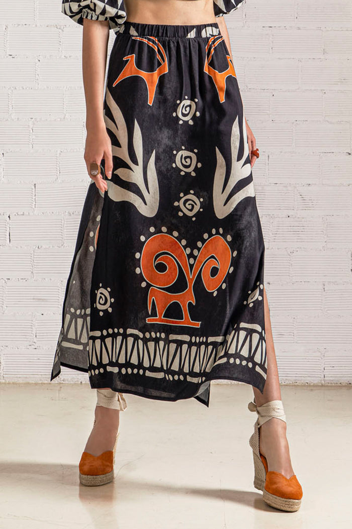 MAXI SKIRT "SYKIA" BLACK/ECRU/COGNAC