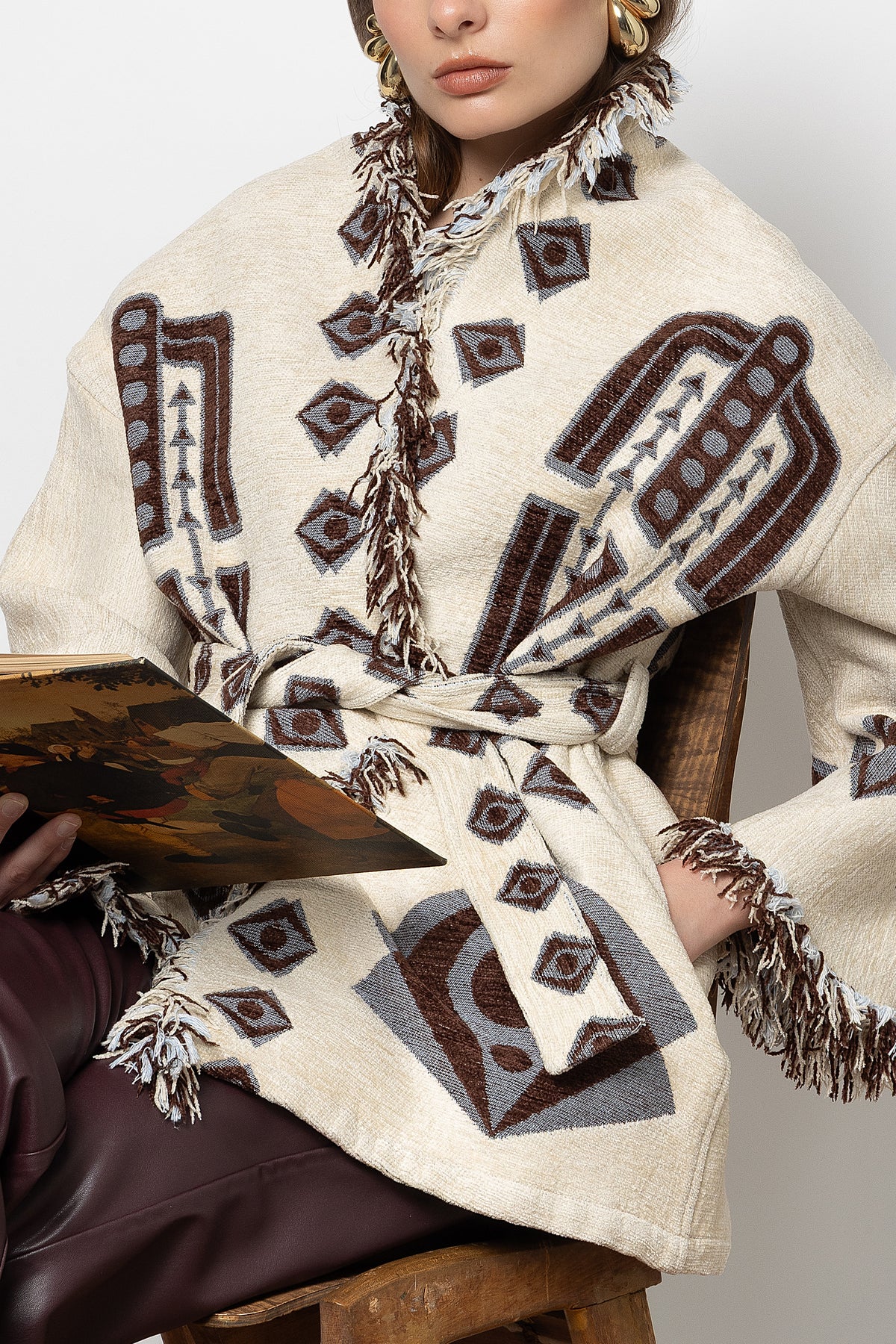 OVERSIZED HEAVY JACQUARD KIMONO JACKET "ELEA" ECRU