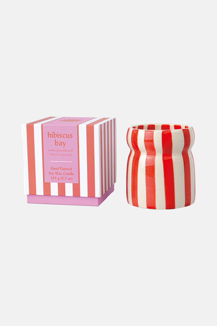 STRIPED CERAMIC CANDLE "HIBISCUS BAY“ RED/WHITE
