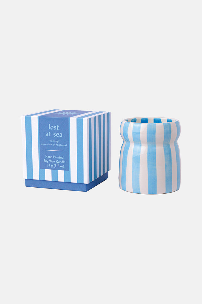 STRIPED CERAMIC CANDLE "LOST AT SEA“ LIGHT BLUE/WHITE