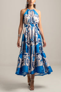SILKY NECKHOLDER DRESS "DAMASK" WHITE/BLUE