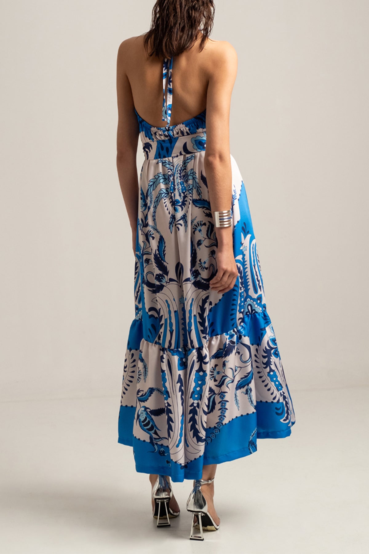 SILKY NECKHOLDER DRESS "DAMASK" WHITE/BLUE