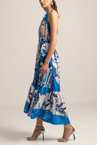 SILKY NECKHOLDER DRESS "DAMASK" WHITE/BLUE