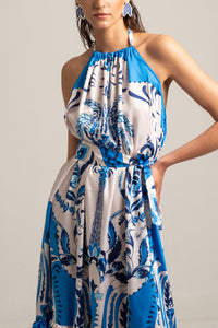 SILKY NECKHOLDER DRESS "DAMASK" WHITE/BLUE