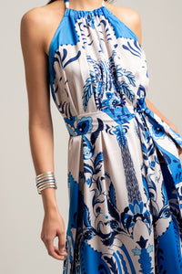SILKY NECKHOLDER DRESS "DAMASK" WHITE/BLUE