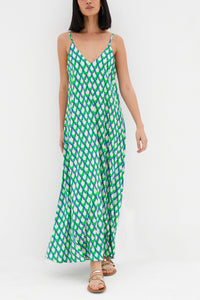 LONG V-NECK VISCOSE DRESS "ARTEMIS" GREEN/BLUE/WHITE