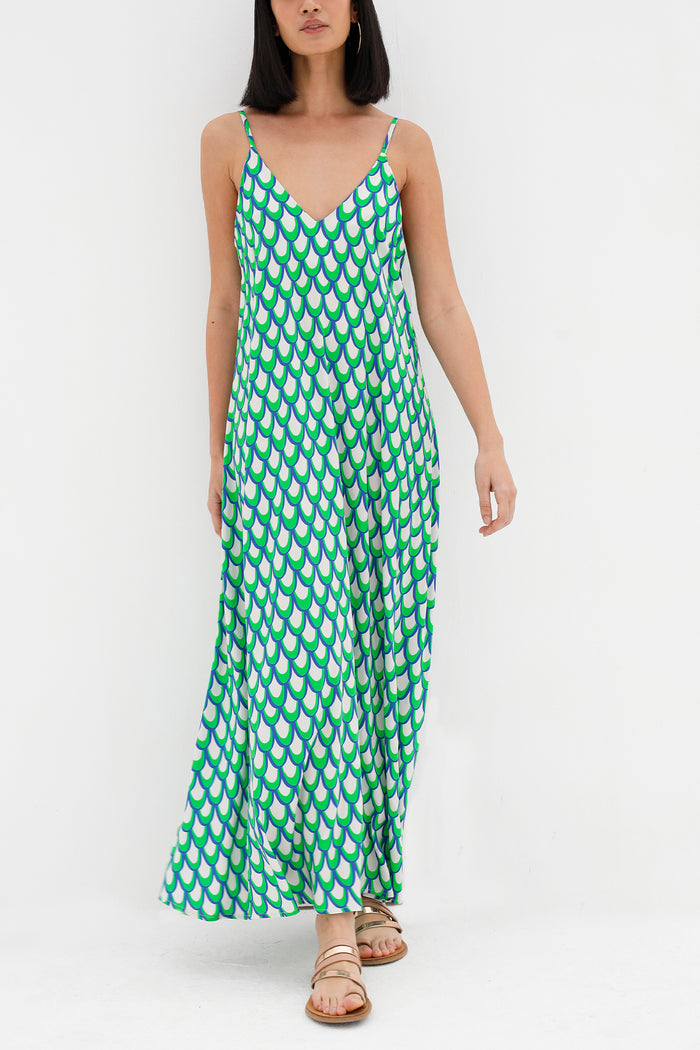 LONG V-NECK VISCOSE DRESS "ARTEMIS" GREEN/BLUE/WHITE