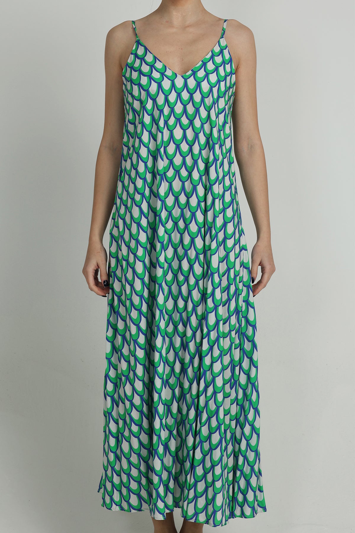 LONG V-NECK VISCOSE DRESS "ARTEMIS" GREEN/BLUE/WHITE