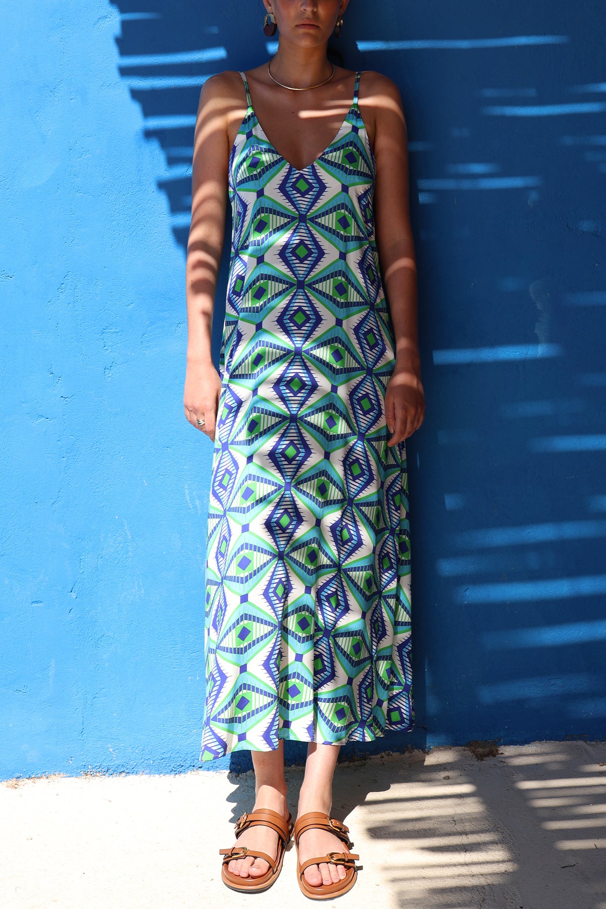 LONG VISCOSE V-NECK DRESS "GLAFKI" BLUE/GREEN/WHITE