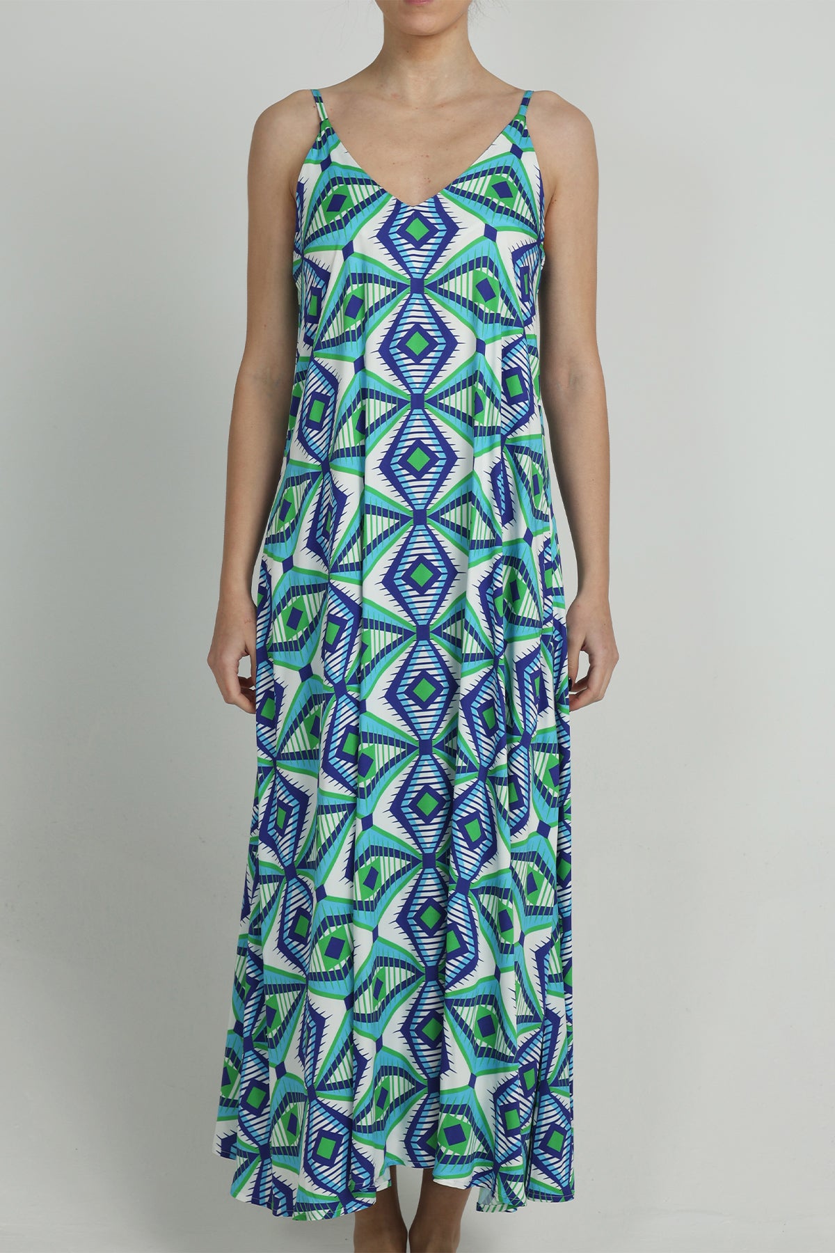 LONG VISCOSE V-NECK DRESS "GLAFKI" BLUE/GREEN/WHITE