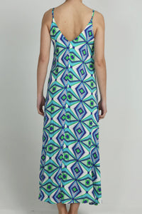 LONG VISCOSE V-NECK DRESS "GLAFKI" BLUE/GREEN/WHITE