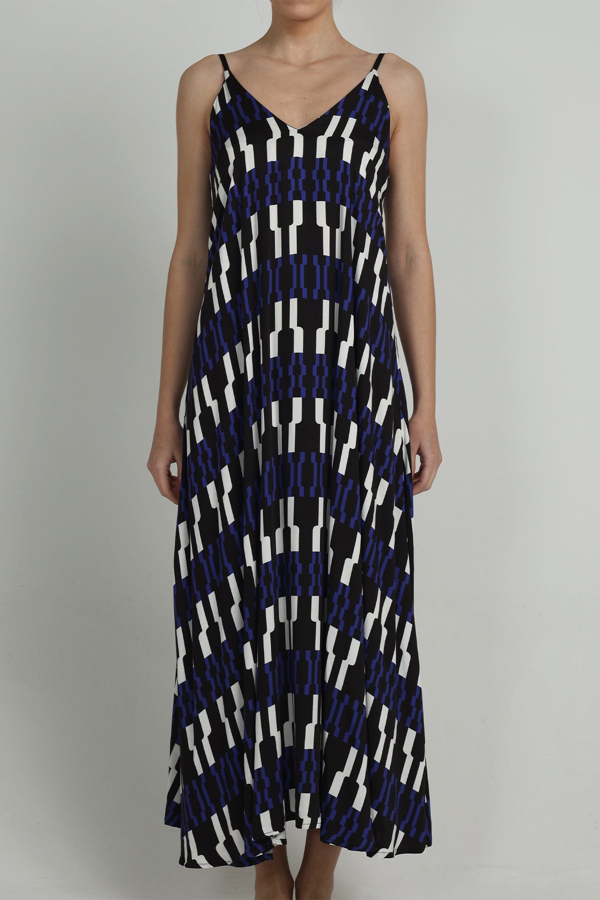 LONG VISCOSE V-NECK DRESS "NAFSIKA" BLUE/BLACK/WHITE