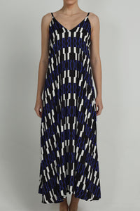 LONG VISCOSE V-NECK DRESS "NAFSIKA" BLUE/BLACK/WHITE
