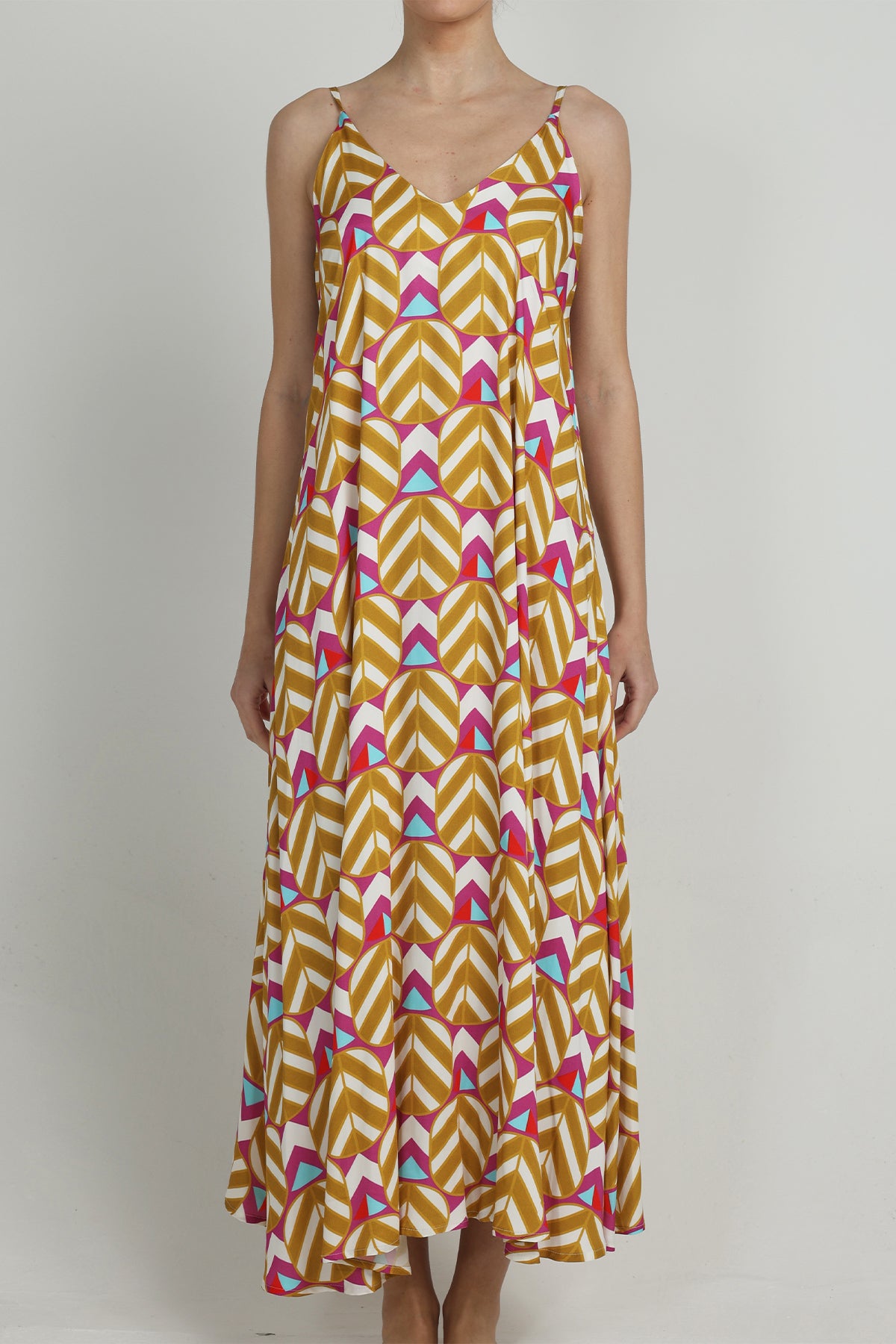 LONG VISCOSE V-NECK DRESS "ROXANNE" MULTICOLOR