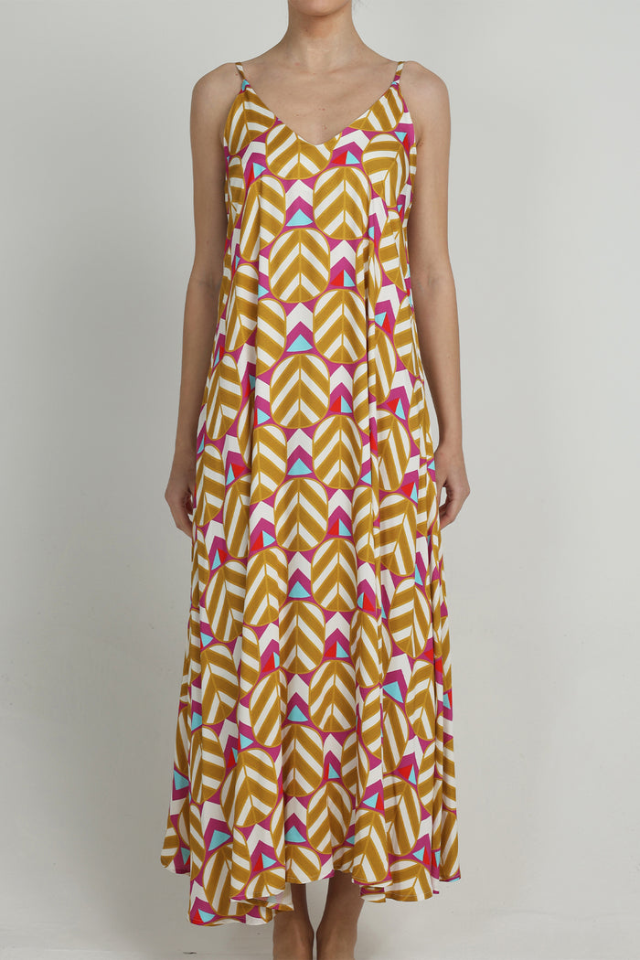 LONG VISCOSE V-NECK DRESS "ROXANNE" MULTICOLOR