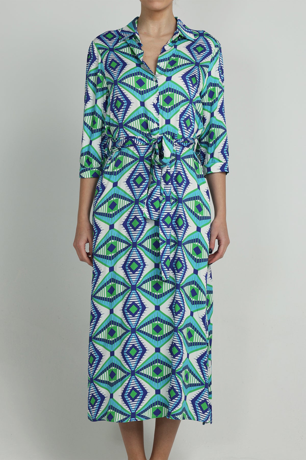 MIDI SHIRT DRESS WITH BELT "GLAFKI" BLUE/GREEN/WHITE