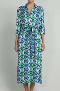 MIDI SHIRT DRESS WITH BELT "GLAFKI" BLUE/GREEN/WHITE