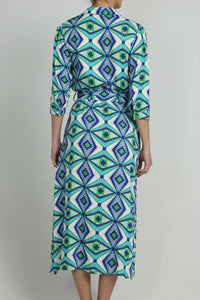 MIDI SHIRT DRESS WITH BELT "GLAFKI" BLUE/GREEN/WHITE
