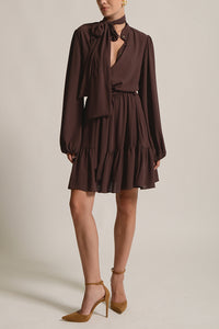 SHORT CHIFFON DRESS WITH BOW TIE "VALENTINA" CHOCOLATE