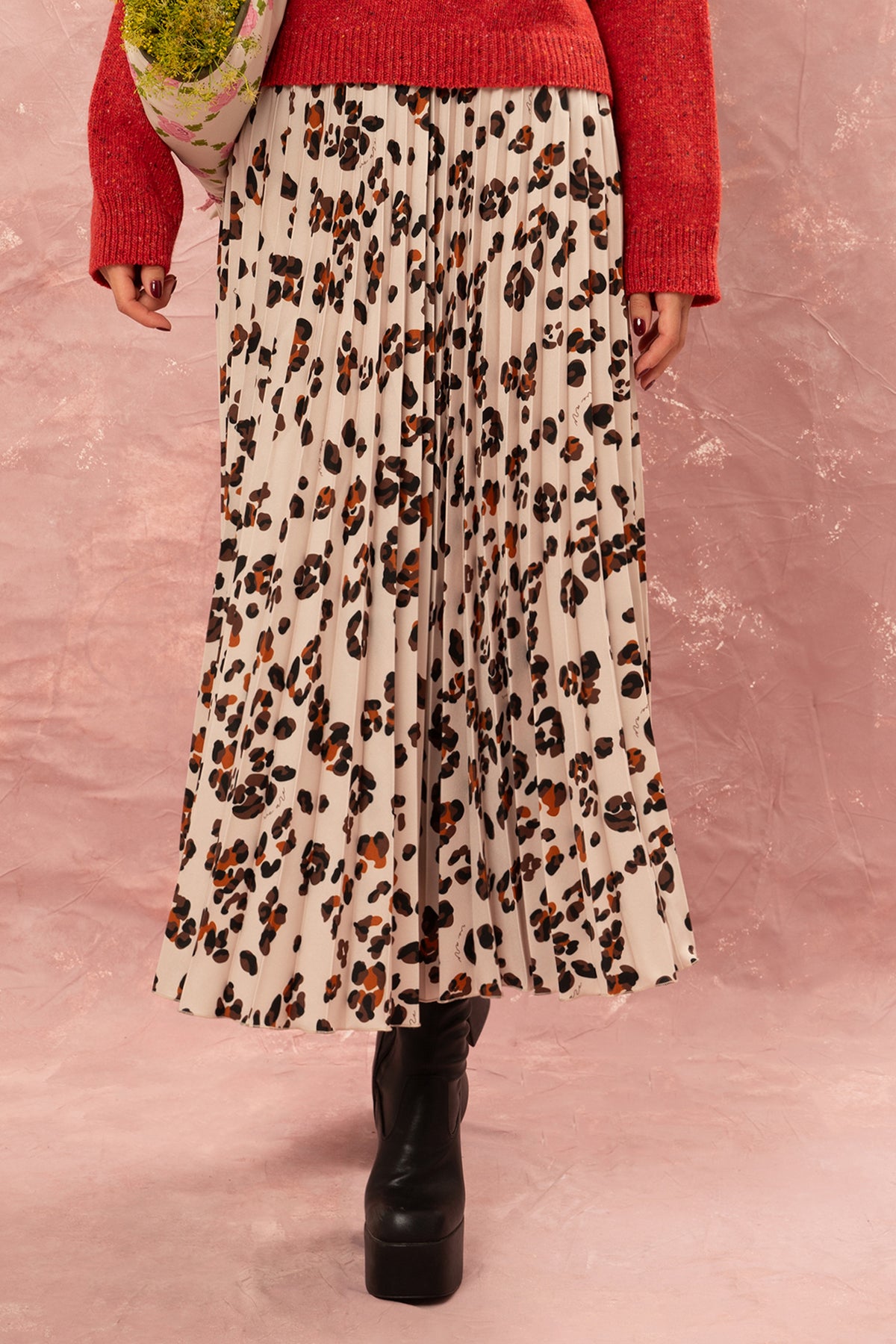 PLEATED MAXI SKIRT "LEOPARD” CREAM/BROWN