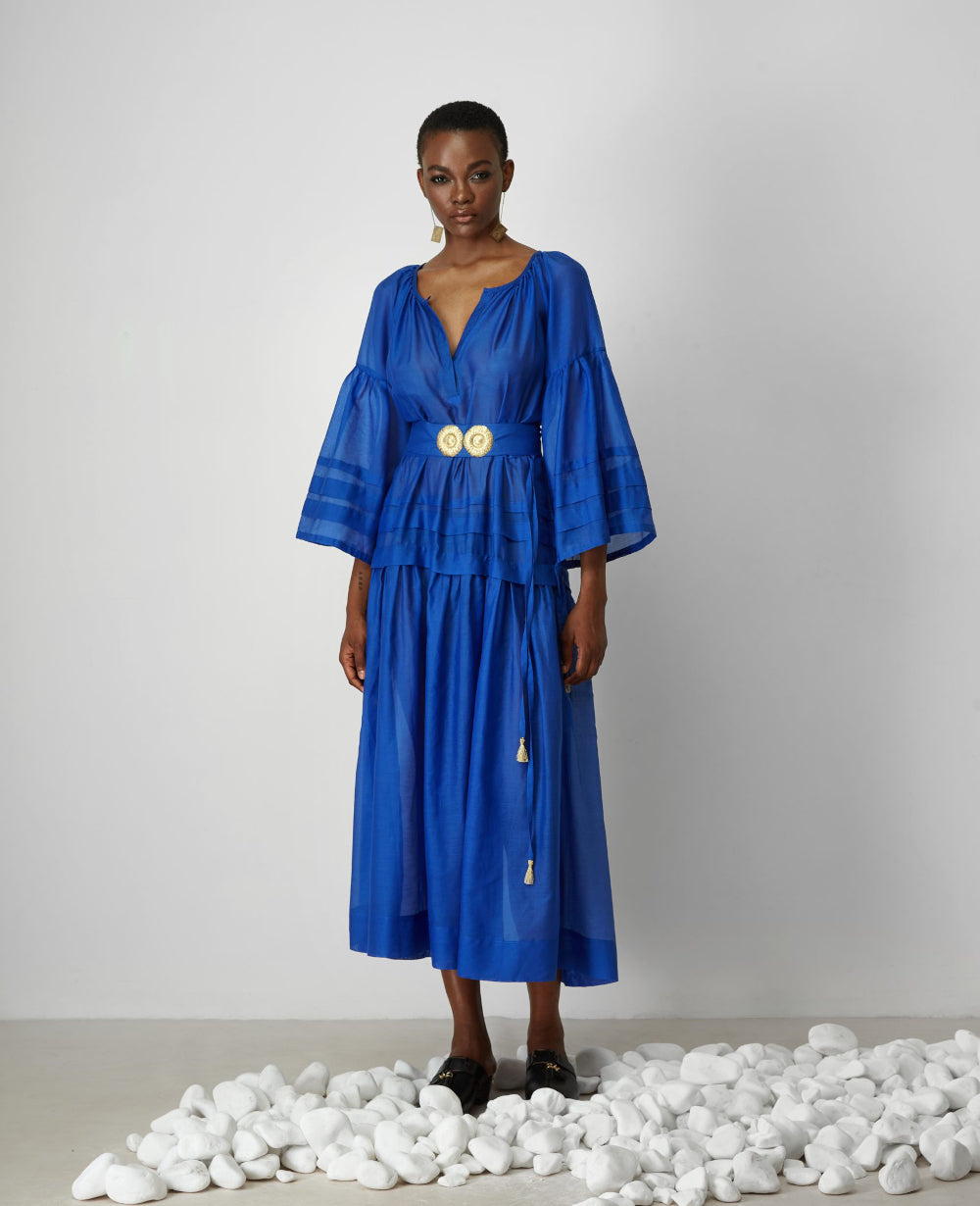 SILK COTTON LONG DRESS "MYKONOS" GREEK BLUE