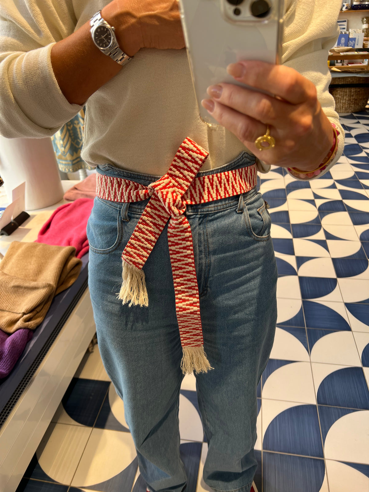 WOVEN BELT "ZIGZAG" - ECRU/RED