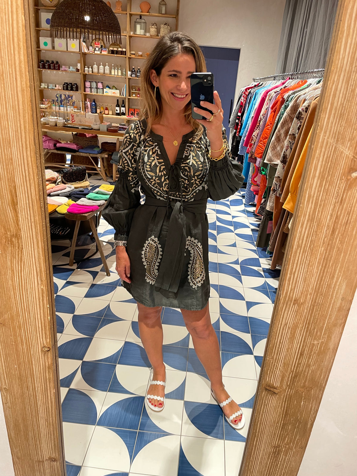 SHORT LINEN DRESS "PAISLEY" KHAKI/WHITE/GOLD