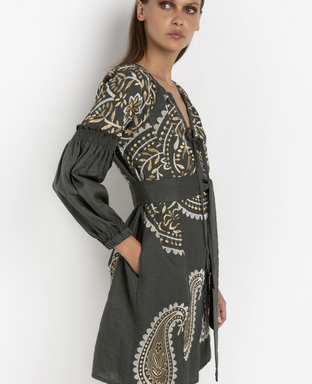 SHORT LINEN DRESS "PAISLEY" KHAKI/WHITE/GOLD