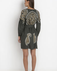 SHORT LINEN DRESS "PAISLEY" KHAKI/WHITE/GOLD