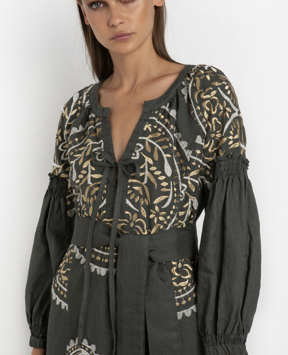 SHORT LINEN DRESS "PAISLEY" KHAKI/WHITE/GOLD