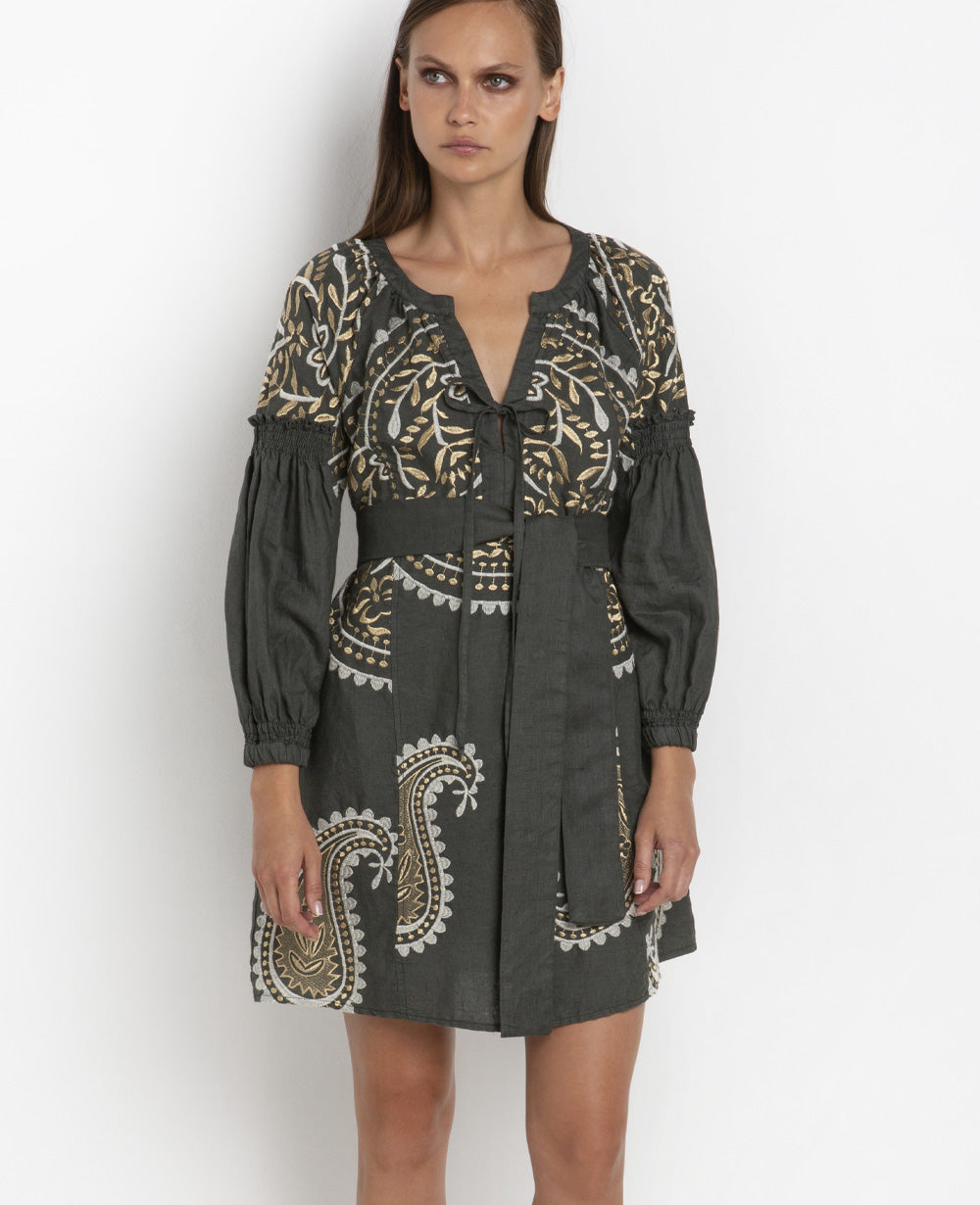 SHORT LINEN DRESS "PAISLEY" KHAKI/WHITE/GOLD