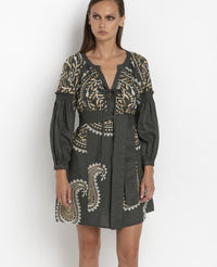 SHORT LINEN DRESS "PAISLEY" KHAKI/WHITE/GOLD
