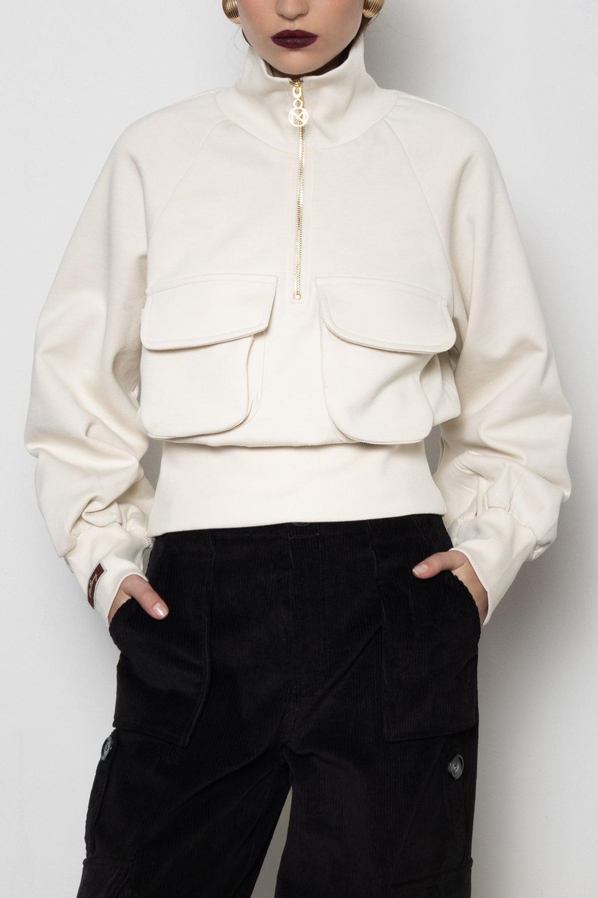 OVERSIZED COTTON HOODIE WITH ZIPPER CREAM