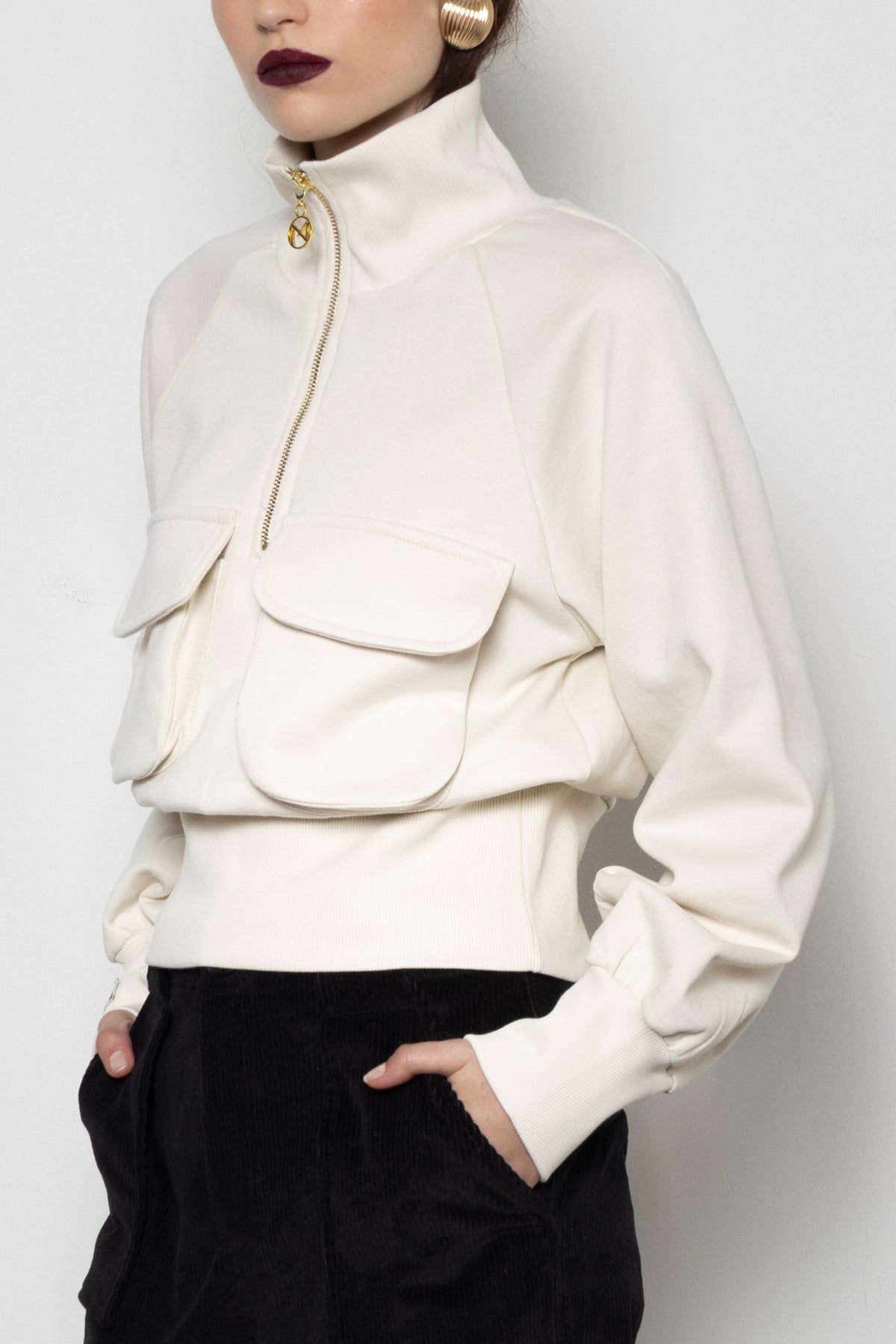 OVERSIZED COTTON HOODIE WITH ZIPPER CREAM