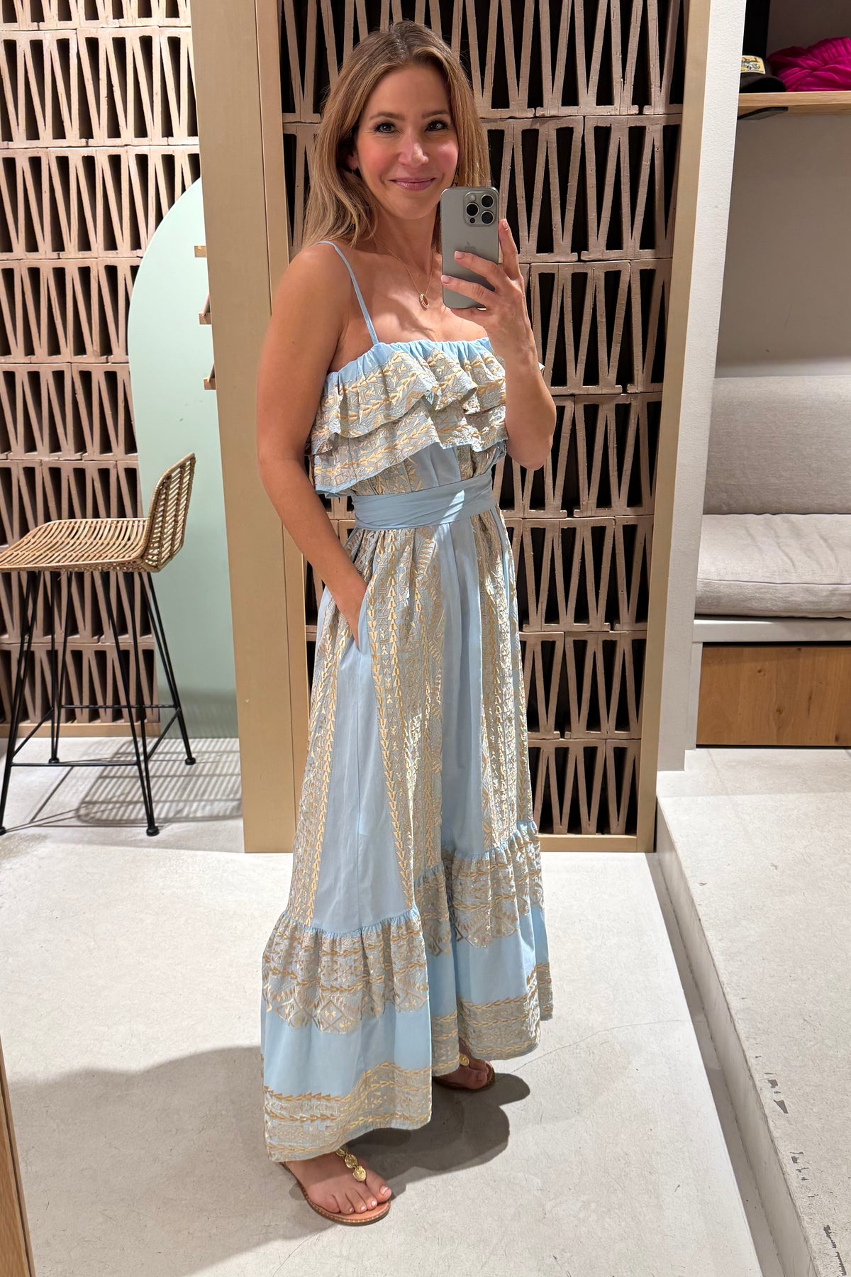 STRAPPY MIDI COTTON DRESS WITH RUFFLES "EMBROIDERED" CIEL/GOLD