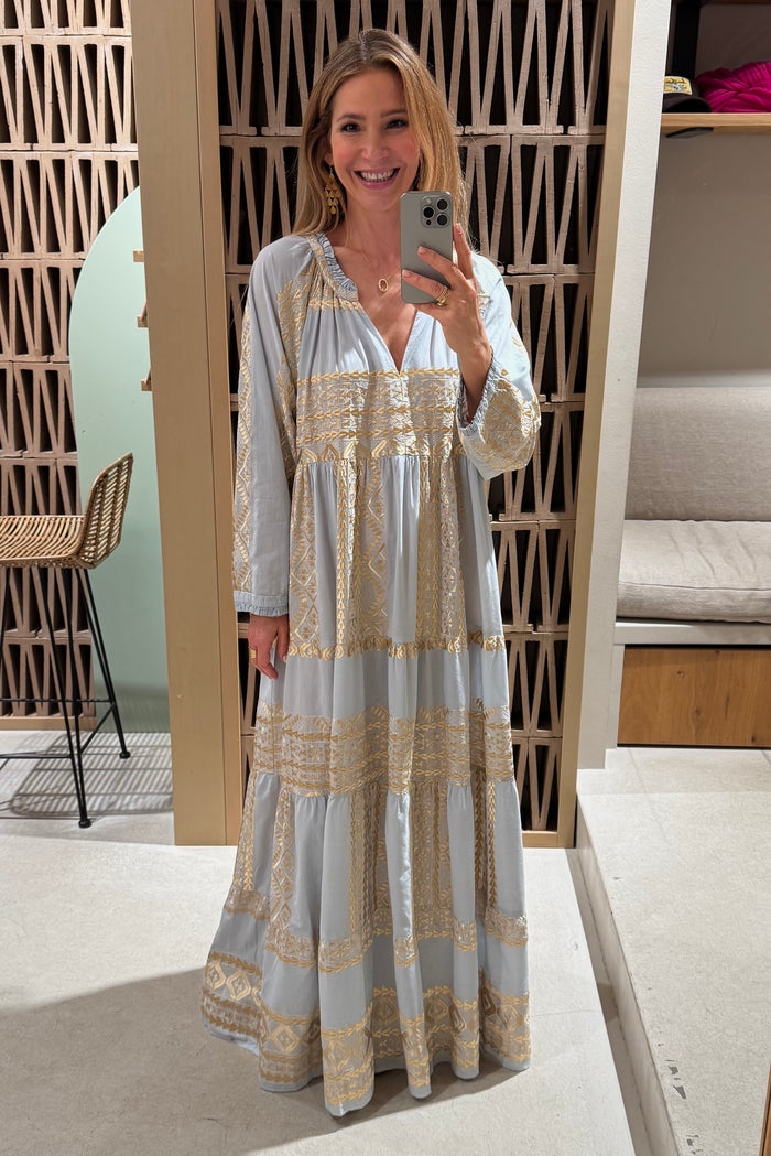 LONG COTTON DRESS "EMBROIDERED" LIGHT GREY/GOLD