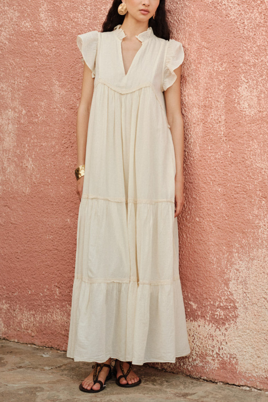 LONG COTTON LACE GAZE DRESS "REVERIE" OFFWHITE